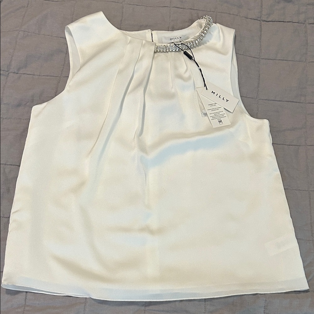 Milly White Sleeveless Blouse with Crystal Neckline